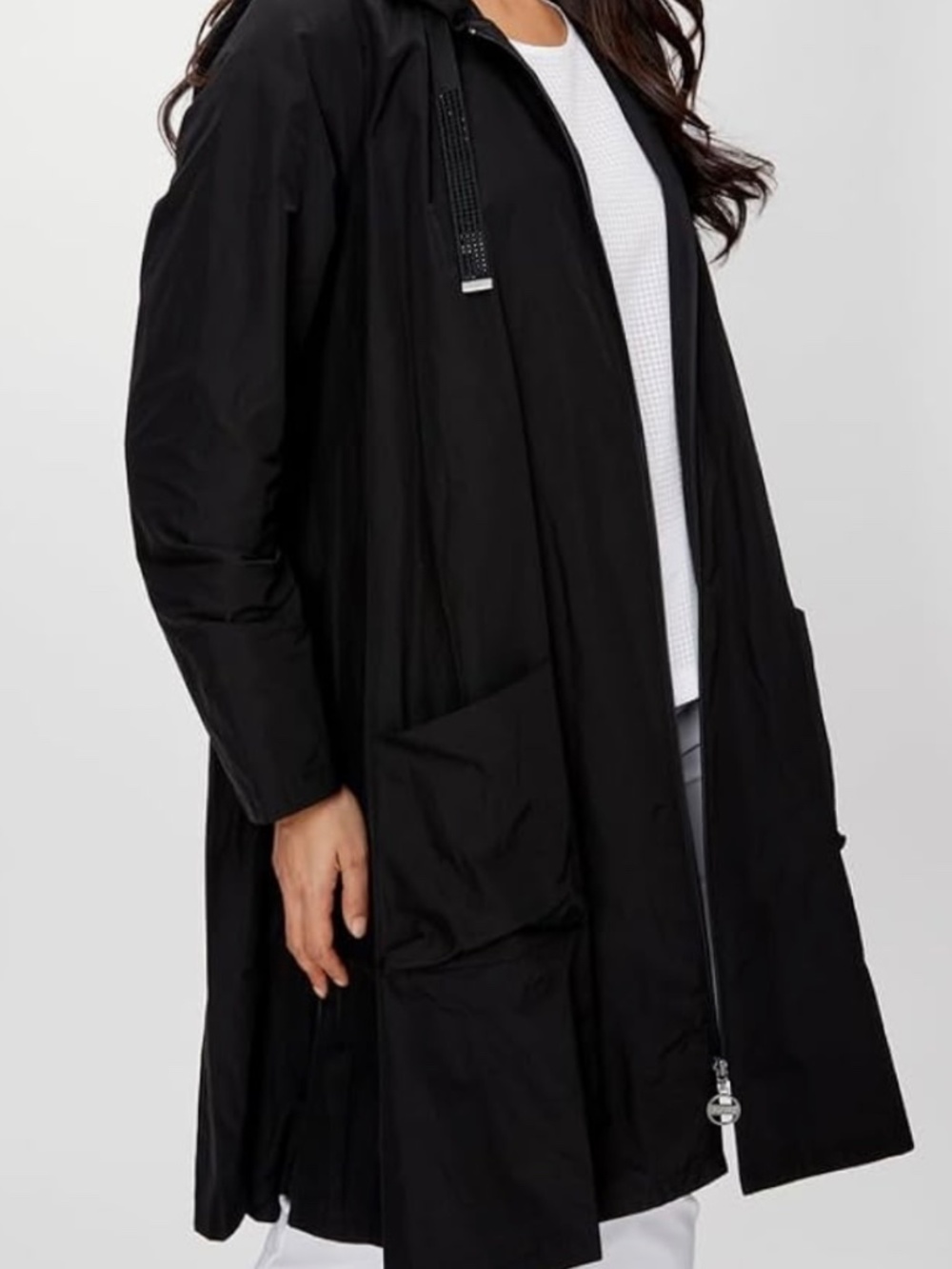Joseph Ribkoff Long Flared Shape Coat Full Zip Drawstring Hood Sz 6 Black - Picture 3 of 13
